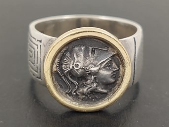 GREEK DESIGNER DIMOS STERLING SILVER 18K GOLD ATHENA GREEK COIN SIGNET RING