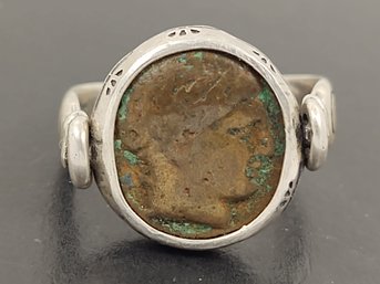 GREEK DESIGNER DIMOS STERLING SILVER BRONZE GREEK COIN SIGNET RING