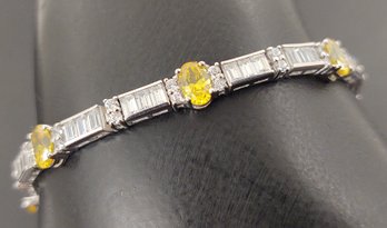 STUNNING 14K WHITE GOLD CZ YELLOW & WHITE CZ TENNIS BRACELET