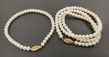 VINTAGE 10K GOLD 4mm - 5mm PEARL NECKLACE & BRACELET SET