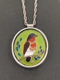 DESIGNER SIGNED PFEIFFER STERLING SILVER CLOISONNE ENAMEL BIRD NECKLACE