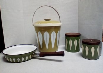 Catherine Holm Of Norway Style  - Vintage Enamelware - Ice Bucket, Coffee & Tea Cannisters Plus Skillet MP/c5