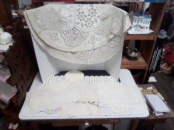 Generous 13 Piece Lot Of Linens Including Starched Linen Doilies, Crocheted Cotton & Poly Tablecloth DOF/B1