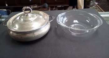 Silver Plated 2 Handled Serving Bowl With Lid & Pyrex #924 Oven & Microwave Safe 2 Qt. Bowl Inser AB/E3