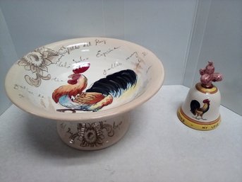 Hand Painted Roosters - Footed Bowl, Le Chantieleer Designed By Maxcera & Whimsical Bell Made In Italy MP/a2