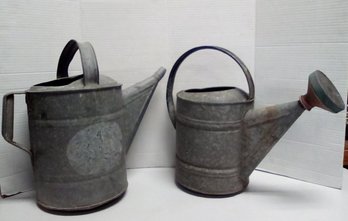 Two Vintage Metal Watering Cans - One With Spout - Ready For Garden Duty Or As Rustic Decor LR/D1