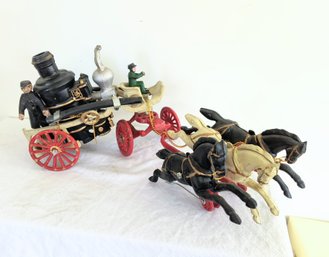 Unique Item! Antique Painted Cast Iron Horse-drawn Fire Engine Figures