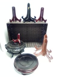 2 Asian Style Wood Stands, 7 Dish Or Photo Stands & Woven Basket With Metal Frame DOF/LP/CV4