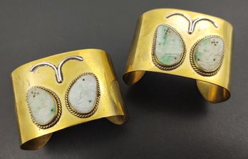 AMAZING VINTAGE MODERNIST BRASS STERLING SILVER & JADE BUTTERFLY CUFF BRACELETS