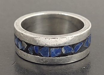 VINTAGE MEXICAN STERING SILVER INLAID ONYX & LAPIS BAND RING