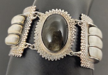 VINTAGE 1940s MEXICO STERLING SILVER OBSIDIAN & ALABASTER PANEL BRACELET