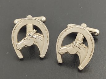 VINTAGE SILVER TONE HORSE & HORSESHOE EQUESTRIAN CUFFLINKS