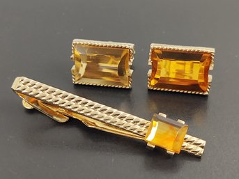 VINTAGE GOLD TONE CITRINE GLASS CUFFLINKS & TIE CLIP SET