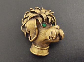 VINTAGE DESIGNER TRIFARI GREEN JEWELED EYES DOG HEAD BROOCH