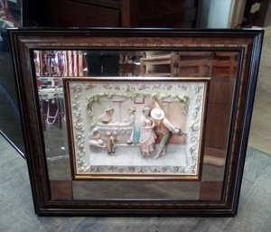 Sculptured High Relief Framed Vintage Art With Beveled Mirrors, Marquetry & Burl Wood Veneer Frame SB/CV3