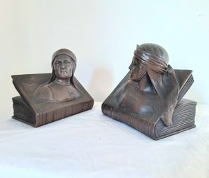 Unique Item! Extraordinary Pair Of Vintage Bronze Bookends, Dante And Beatrice