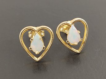 VINTAGE 14K GOLD OPAL HEART EARRINGS