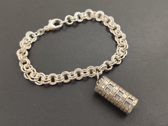 BEAUTIFUL STERLING SILVER DOUBLE ROLO LINK CASTLE CHARM BRACELET