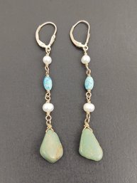 VINTAGE STERLING SILVER PEARL & TURQUOISE DROP EARRINGS