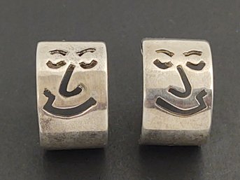 VINTAGE SIGNED STERLING SILVER FACE HALF HOOP EARRINGS