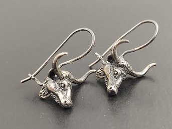 VINTAGE STERLING SILVER BULL / STEER HEAD HORNS EARRINGS