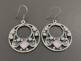 VINTAGE STERLING SILVER TURQUOISE & CRYSTAL EARRINGS