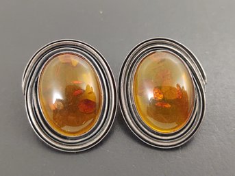 VINTAGE MID CENTURY STERLING SILVER AMBER EARRINGS