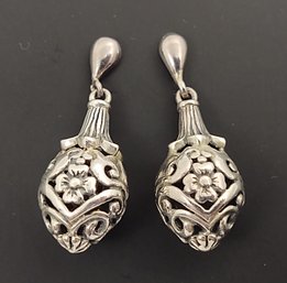 VINTAGE ORNATE STERLING SILVER ORANGE BLOSSOM FLOWER DROP EARRINGS