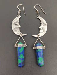 VINTAGE STERLING SILVER MAN IN THE MOON AZURITE HEALING CRYSTAL DROP EARRINGS