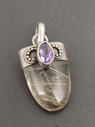 VINTAGE STERLING SILVER AMETHYST & RUTILATED QUARTZ PENDANT