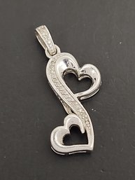 VINTAGE STERLING SILVER DIAMOND DOUBLE HEART PENDANT