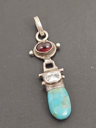 VINTAGE STERLING SILVER TURQUOISE TOPAZ & GARNET PENDANT