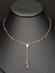 VINTAGE 14K GOLD THIN FIGARO CHAIN AMETHYST DROP NECKLACE