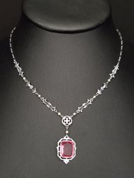 STUNNING ANTIQUE ART DECO 10K WHITE GOLD FILIGREE PINK GLASS DROP NECKLACE