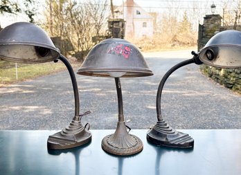 A Trio Of Antique Cast Iron Desk Lamps, Early 20th Century