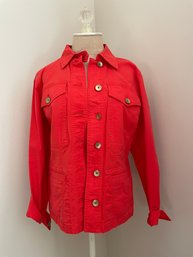 Tomato Red Denim Style Jacket With Brushed Bronze Colored Buttons, Size M