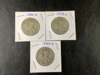 3 Standing Liberty Half Dollars Dated 1920 S, 1923 S, 1934 S (90 Percent Silver)