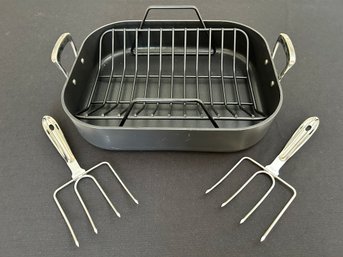 LIKE NEW All Clad Non Stick Roasting Pan With Rack And Forks