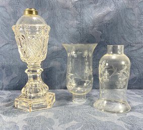 Pair Hurricane Etched Glass Shades, Oil Lamp Heavy Glass Base