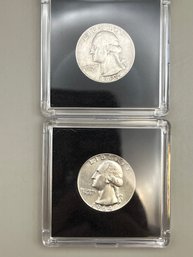 2 Uncirculated 1964-D Silver Washington Quarters In Plastic Cases