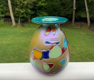 Signed Rick Hunter Studio Art Glass Vase Abstract Design Iridescent Color