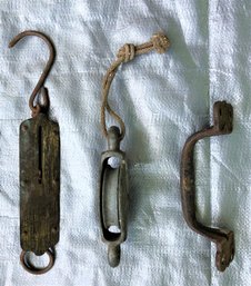 Lot Of 3 Antique Items - Chatillon's No. 2 Balance Scale C.1892, Cast Wheel Pulley, Cast Iron Barn Handle