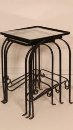 GREAT SET OF 3 MID CENTURY MODERN WROUGHT IRON & GLASS NESTING TABLES