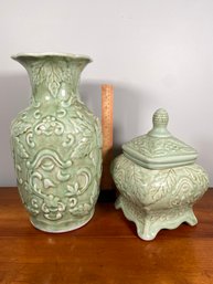 Celadon Ceramic Vase And Jar With Lid No Chips