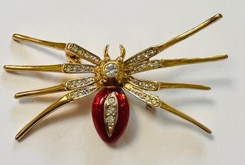 GOLD TONE RED RHINESTONE SPIDER BROOCH