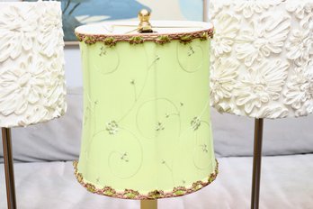 Enchanting Chartreuse Candlestick  Lamp And 2  Pedestal Lamps With Ivory Floral Ribbonwork Shades