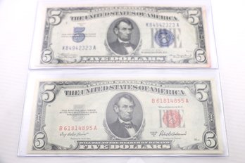 2 $5 Bill Notes 1934 Silver Certificate And One 1953 Red Seal