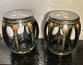 Pair Of Chinese Lacquered Floral Decorated Garden Stools