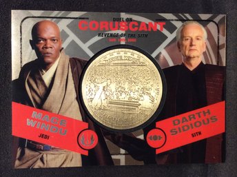 2015 Topps Chrome Medallion Relic Mace Windu Vs. Darth Sidious Duel On Coruscant Card - K