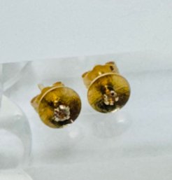 14K GOLD SLIGHTLY CONCAVE WITH WHITE STONES TEXTURED EARRINGS